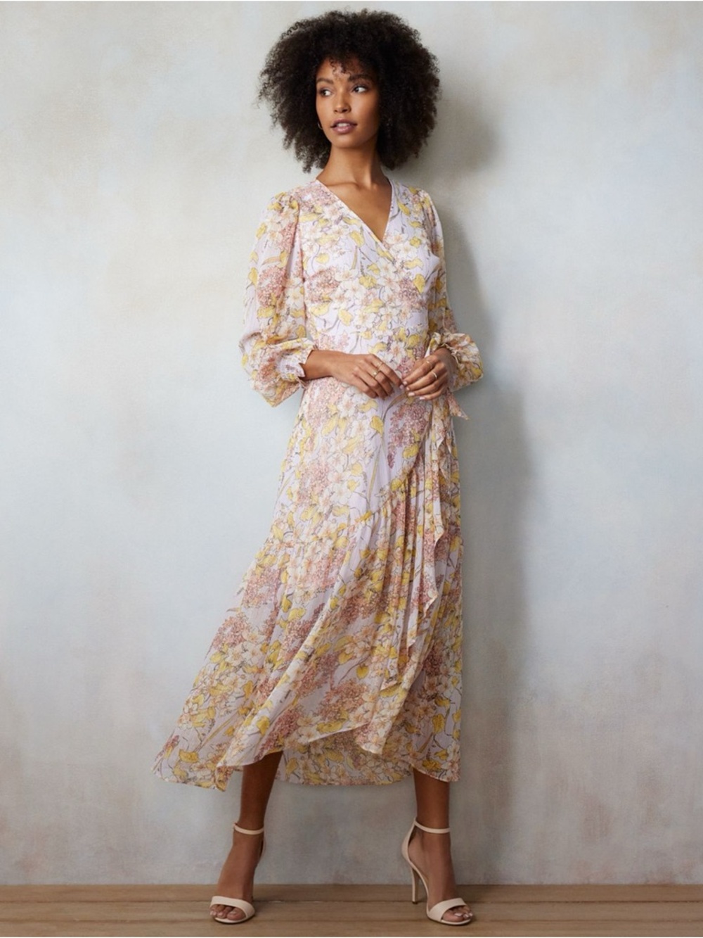 Lauren Conrad Chiffon Floral Midi Wrap Dress with Gold Thread accent
